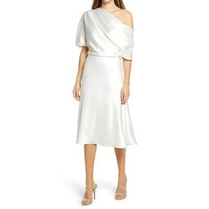 Amsale White One-Shoulder Midi Dress
